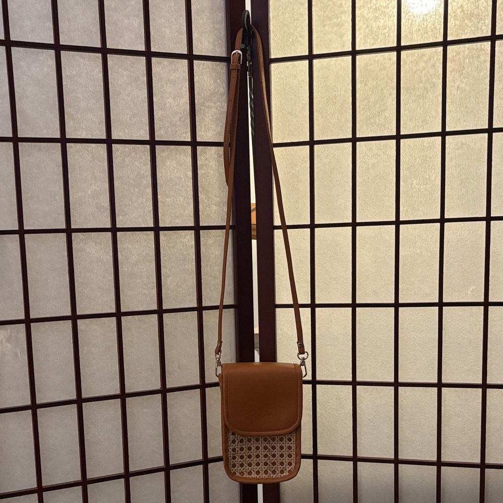 Tan Crossbody Phone Bag with Woven Front - Women